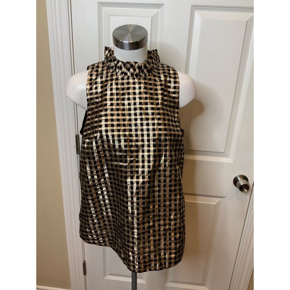 J. Crew Gold Black Shimmering Plaid Sleeveless Ruffle Collar Top, Size Medium